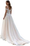 Off Shoulder Wedding Dresses for Bride Champagne A Line Spaghetti Strap Lace Applique Long Tulle Bridal Gown for Women