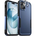 Diaclara Designed for iPhone 15 Case, [Military Grade Drop Protection] with 9H Tempered Glass Screen Protector + Camera Lens Protector Heavy Duty Full-Body Shockproof Phone Case for iPhone 15, Blue