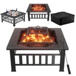 Greesum Multifunctional Patio Fire Pit Table, 32in Square Metal BBQ Firepit Stove Backyard Garden Fireplace with Spark Screen Lid and Rain Cover for Camping, Outdoor Heating, Bonfire, Dark Black