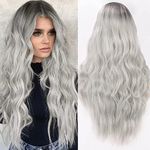 TANTAKO Long Grey Ombre Wig, With Small Middle Part Lace Wavy Grey Lace Front Wig for Women Daily Synthetic Wig(Grey ombre)