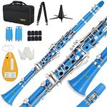 Bb Clarinet For Beginners Students B Flat Clarinet 17 Keys Clarinet with Case Stand Strap 2 Barrels 8 Mouthpiece Cushion White Gloves Cleaning Kit(Blue)