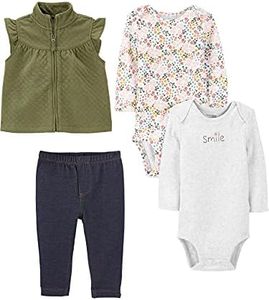 Simple Joys by Carter's Baby Girls' 4-Piece Bodysuit and Vest Set, Grey/Indigo/Olive/White Floral, 6-9 Months
