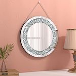 GOAND Crystal Diamond Mirror-14” Round Wall Mirror, Decorative Mirror with Metal Chain for Living Room, Dining Room, Bathroom and Bedroom