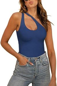REORIA Women's Summer Sexy One Shoulder Cutout Front Sleeveless One Piece Tank Tops Backless Thong Bodysuits Leotards for Going Out Dark Blue Small