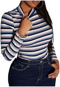 Floerns Women's Mock Turtleneck Long Sleeve Slim Fit Stretch Striped T-Shirts Tunic Tops Fall Fashion Trendy Outfits Clothes Pink Blue Striped X-Large