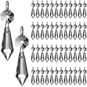 HDCRYSTALGIFTS Clear Chandelier Icicle Crystal Prisms Octogan Glass Bead for Lamp Decoration,Pack of 50 (38mm&Silver Circle Clips)