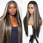 Joedir 13x4 Lace Front Wig Long Straight Wigs for Black Women Highlights Free Part Lace Frontal Wigs Pre Plucked with Baby Hair Light Yaki Synthetic Hair Wig for Women 30 Inch