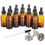 AOZITA 12 Pack, 60ml Glass Dropper Bottle with Dropper Pipette, Come with 3 Stainless Steel Funnels & 1 Long Glass Dropper Pipette - 2 oz Amber Glass Tincture Bottles for Essential Oils, Liquids