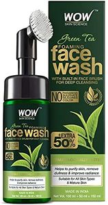 WOW Skin Science Green Tea Foaming Face Wash with Built-In Face Brush - for Treating Acne and Unclogging Pores - 150mL