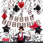 Magic Birthday Party Decorations Casino Las Vegas Poker Night Themed Party Happy Birthday Banner Casino Paper Honeycomb Hanging Swirls Foil Balloons Black Confetti for Boys Birthday Party Supplies SUNBEAUTY