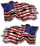 2 pack New Tattered Waving USA American Flag Vinyl Decal Army Navy Military Country Stickers Car Truck 4" x 7" 1 regular 1 mirrored reverse left facing right facing backwards