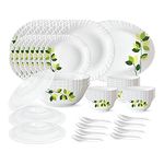 Larah by Borosil Green Leaves Silk Series Opalware Dinner Set | 47 Pieces for Family of 8 | Microwave & Dishwasher Safe | Bone-Ash Free | Crockery Set for Dining & Gifting | Plates & Bowls | White