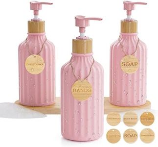 Shampoo and Conditioner Dispenser Set of 3, 16OZ Pink Refillable Shampoo and Conditioner Bottles Extra-Thick Plastic Empty Body Wash Dispenser with Pump and Tray Tags Bathroom Shower Soap Dispenser