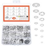 348 Pcs Stainless Steel Washers: 175 Pcs Flat Washers Penny Washers for Bolts Screws & 173 Pcs Split Lock Washers, Assorted Metal Washers, Rectangular Spring Washers, M3 M4 M5 M6 M8 M10 Washers