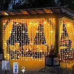 LiyuanQ Solar Curtain Lights Outdoor Fairy Lights 3m x 3m 300 LED 8 Modes Remote Control Waterproof Solar Garden Light Waterfall Fairy String Light for Patio Gazebo Party Christmas Autumn Decoration