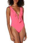 Becca by Rebecca Virtue Women's Standard Socialite Ruffle One Piece Swimsuit, Plunging V-Neckline, Bathing Suits, Grapefruit, Large