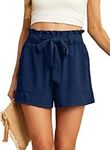 IWOLLENCE Shorts Women with Pockets Shorts Women Summer Casual Shorts for Women Waist Casual Lightweight Adjustable Tie Knot Loose Dark Blue Medium