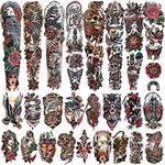 55 sheets Classic Full Arm Temporary Tattoos Old School Tattoos Stickers, Sailor Jerry Style Fake Tattoo Sleeve, American Traditional Flower Half Arm Temporary Tattoos for Women Men Adults Kids