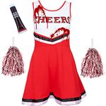 Zombie Cheerleader Costume Women Outfit with Cheerleader Pom Poms - Dead Halloween Cheerleader Fancy Dress Costume - High School Musical Zombie Outfit Women Cheerleader (10-12 UK, Red)