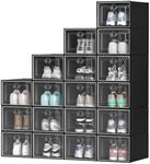 YITAHOME X-Large 18 Pack Shoe Boxes Fit up to US Size 15, Stackable Shoe Storage Organizer for Closet, Clear Plastic Shoe Rack Sneaker Containers Bins with Lids (XL, Black)