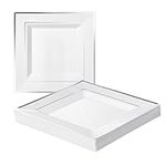 MATANA 20 Premium White Square Plastic Dinner Plates with Silver Rim, 24cm / 9 Inch - Elegant & Reusable Party Plates for Weddings, Birthdays, Picnic, BBQ, Parties