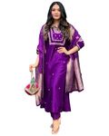 GoSriKi Women's Silk Blend Straight Embroidered Kurta with Pant & Dupatta (MANUSHI BEGANI-GS_M_Begani_Medium)