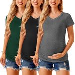 Ekouaer Womens Maternity Shirts 3 Packs V Neck Tops Tunic Pregnancy Clothes Side Ruched Short Sleeve Casual T Shirt Black/Dirty Pink/Light Grey L