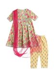 The Magic Wand Cotton Anarkali Kurti Set With Dupatta for Kids Girls, Flora Print Angrakha Frock Style Kurta With Pant Dress, Elbow Sleeves Gota Lace Suit For Festivals, Yellow, 7-8 Year