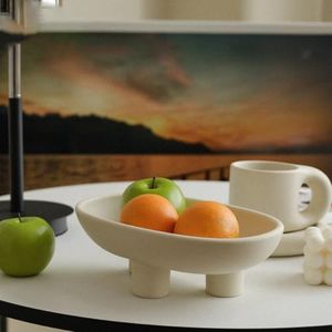 WENSHUO Three-Legs Ceramic Fruit Bowl for Kitchen Counter, Decorative Bowl for Table Décor, 10-inch Oval Large Bowls for Breads, Matte Crème