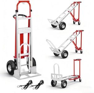 Aluminum 4 in 1 Convertible Hand Truck Dolly, 1000Lbs Capacity, Heavy Duty Folding Hand Truck Dolly Cart with Wheels 10" All-Terrain Tires, Hand Trucks for Logistics, Home, Office, School, Red