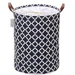 Sea Team Moroccan Lattice Pattern Laundry Hamper Canvas Fabric Laundry Basket Collapsible Storage Bin with PU Leather Handles and Drawstring Closure, 19.7 by 15.7 inches, Waterproof Inner, Dark Blue