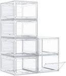 【Thicken & Sturdy】Clear Shoe Storage Organizer with Magnetic Door, Stackable Boxes for Closet, Foldable Space-Saving Shoe Rack for Sneaker Boot Container, Plastic Shoe Box 6 Pack, White