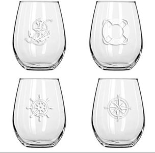 Set of 4 -Stemless Boat Wine Glasses-Nautical Themed, Plastic, 16oz, Pool Wine Glasses, Shatter Proof Drinking Glasses for Wine or Cocktails