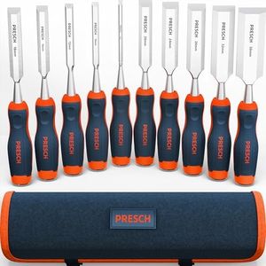 Presch Wood Chisel Set 10 pcs. incl. Bag (6, 10, 12, 16, 18, 20, 24, 26, 32 & 38 mm) - Fully Polished for immediate use - for Professionals with a 25° Angle and Robust Metal Striking Cap