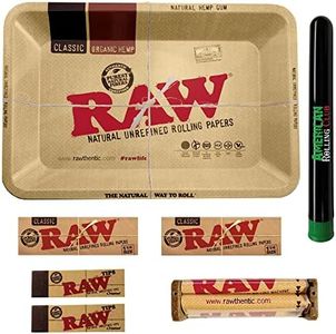 RAW Rolling Tray Combo Includes RAW Tray, RAW 1 1/4 Rolling Papers, RAW Tips, RAW 79mm Rolling Machine and American Rolling Club Tube (Mini)