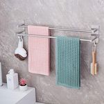 JS Towel Rail Self Adhesive 2-Tier Double Towel Holder rack Multi Towel Bar with 2 Hooks SUS304 Stainless Steel Robe & Bath Towel Rails 60CM/23.6inch for Bathroom Organizer Storage