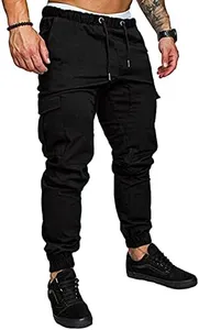 JMIERR Man Fashion Cargo Pants - Casual Cotton Tapered Stretch Twill Chino Athletic Joggers Sweatpants Drawstring Hiking Workout Trousers with Pockets for Men, US 36(L), 1 Black