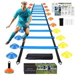 YGORTECH Football Training Equipment Agility Ladder Speed Training Kit for kids 12 Rung 20Ft Agility Ladder, 16 Disc Cones with Carrying Bag for Soccer Basketball Footwork Training (blue)