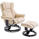 HOMCOM Reclining Swivel Armchair Footstool Set Sofa Padded PU Leather Relaxing Manual Duo Metal Frame Bentwood Base Cream