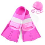 Odoland Kids Swim Fins Set, Swimming Training Flippers, Swim Goggles with Swimming Cap for Swim Pool Snorkel for Children Girls Boys Beginner,Pink XXS