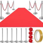 Therwen Red Carpet Runner 6 Pieces Crowd Control Barriers Stainless Steel Stanchion Posts Queue Line Dividers 2.3 x 20 ft Red Carpet for Prom Crowds Outdoor Runner Rug