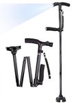 SUEH DESIGN Folding Walking Stick with LED Light for Men and Women, 5 Heights Adjustable, Collapsible Elderly Walking Cane with Side Handle, Black