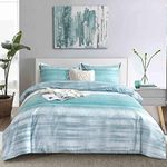 Faincy 7 Pcs King Size Comforter Set with Sheets, Blue, Grey and Teal Striped Pattern Print Alternative Bed Sets - 104 x 90 Soft Microfiber Modern Abstract Bedding in a Bag for Women Men, Gray