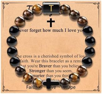 ChicGlowz To My Son Bracelet from Mom,Tigers Eye Cross Initial A-Z Natural Stone Beads Bracelet, Graduation Gifts for Son Boyfriend Brother Grandson Friends, Adjustable, no gemstone