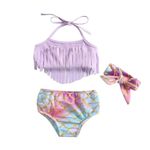 JadwigaS Toddler Baby Girls Swimsuit Infant Bathing Suit Tassel Floral Bikini Halter Kids Swimwear 3 Pieces Beach Sets Purple