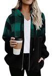 WIWIQS Women's Plaid Warm Patchwork Cardigan Jackets Long Sleeve Zip Up Jackets Winter Hoodies Coats with Pockets Green S