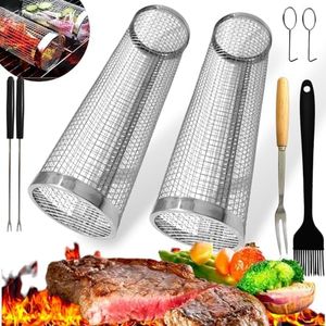 Grill Master's 2PCS, BBQ Rolling Grilling Basket | Round Portable Stainless Steel Veggie grill Basket Tube for Outdoor Cooking | Perfect for Vegetables, French Fries, and Fish - LARGE (2-PCS))