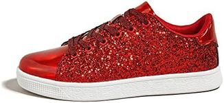 LUCKY STEP Glitter Sneakers Lace up | Fashion Sneakers | Sparkly Shoes for Women Red Size: 10 US