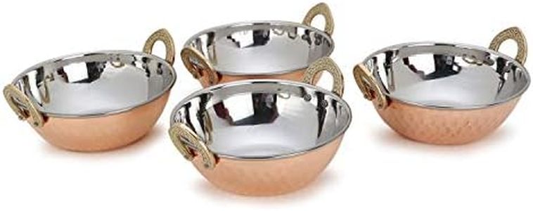 Zap Impex Indian Serving Bowl Copper Hammered Stainless Steel Karahi for Indian Dishes and Curry 4-Pieces Set, 15 cm Diameter, Silver, 43235-173346