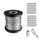 1/16 Wire Rope Set 100m, 304 Stainless Steel Wire Cable 1.5mm, Heavy Duty Steel Cable with 100 Crimping Clamps Loop Sleeve, 7x7 Strand Core, 167kg Breaking Strength